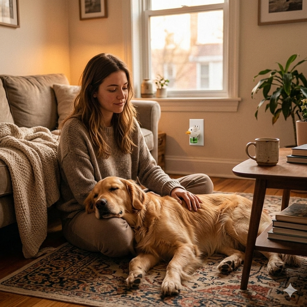 Woman sitting on the floor with a golden retriever in a cozy living room.